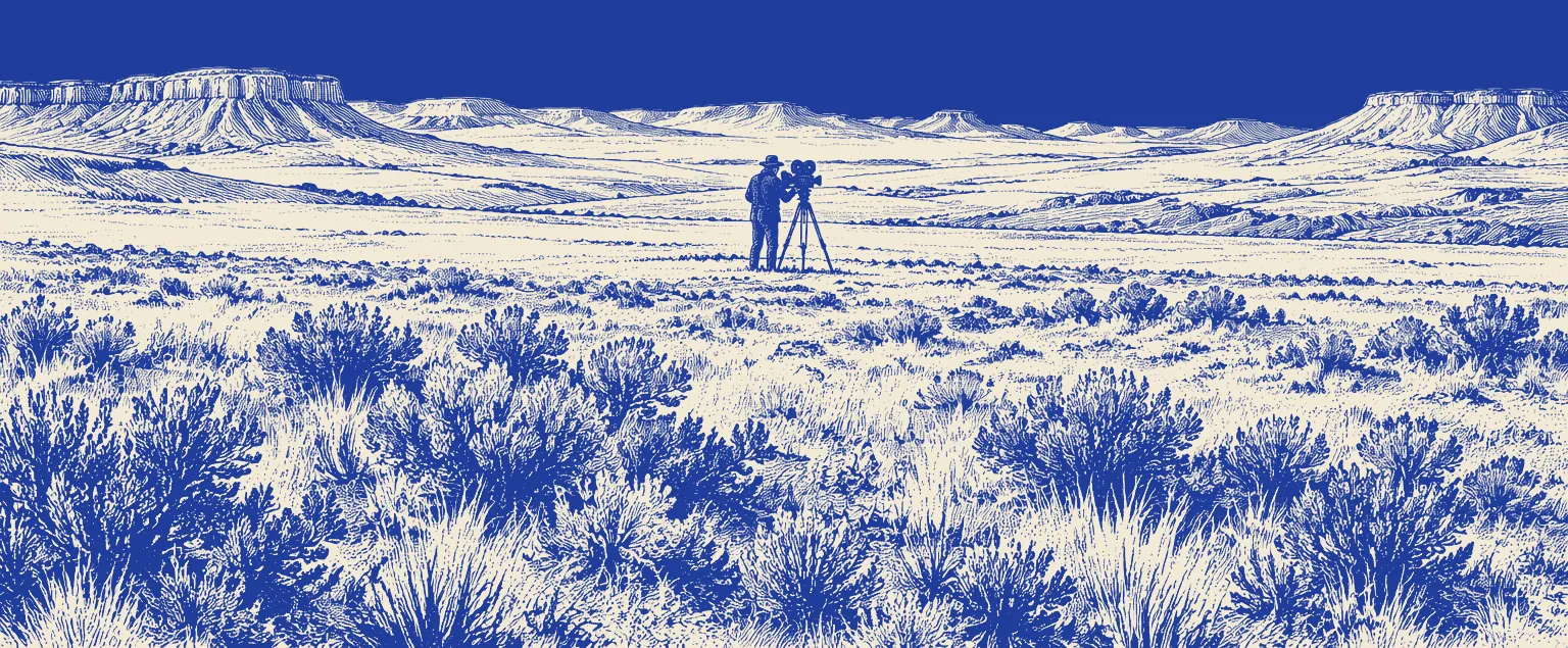 Engraving of a lone cameraman filming the open prairie