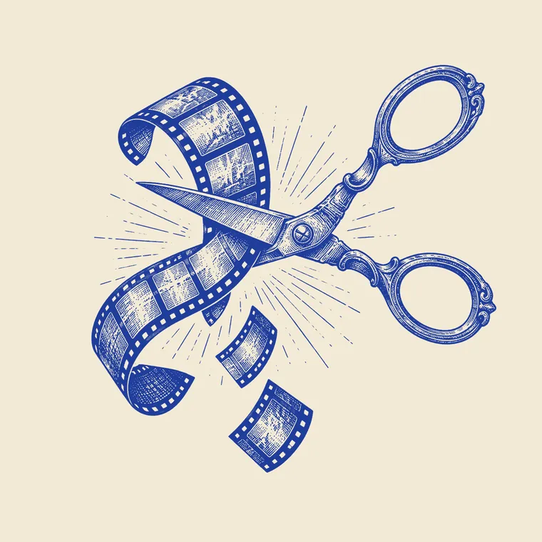 Engraving of antique scissors cutting a strip of cinema film